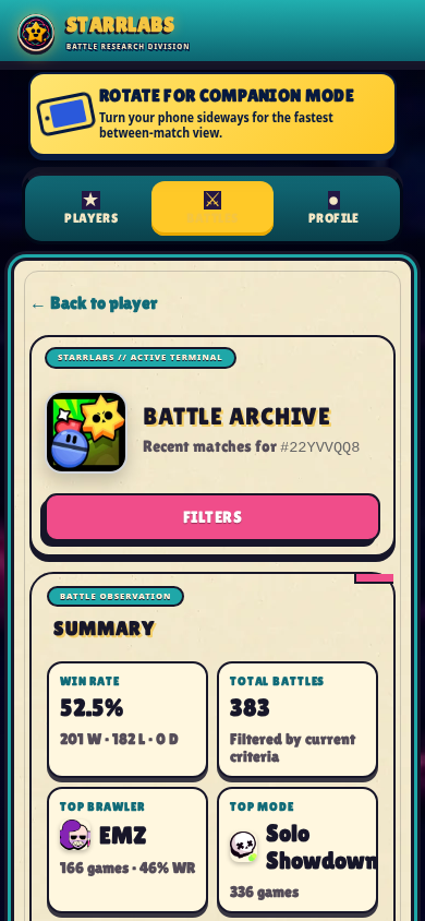 Current StarrLabs Battle Archive on mobile
