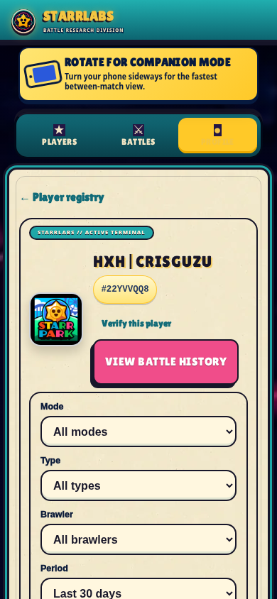 Current StarrLabs player research profile on mobile